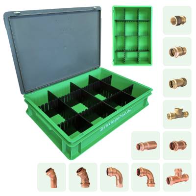 Kupfer-Pressfitting-Koffer mit V-Kontur, 269 Teile für 15, 22 und 28 mm
